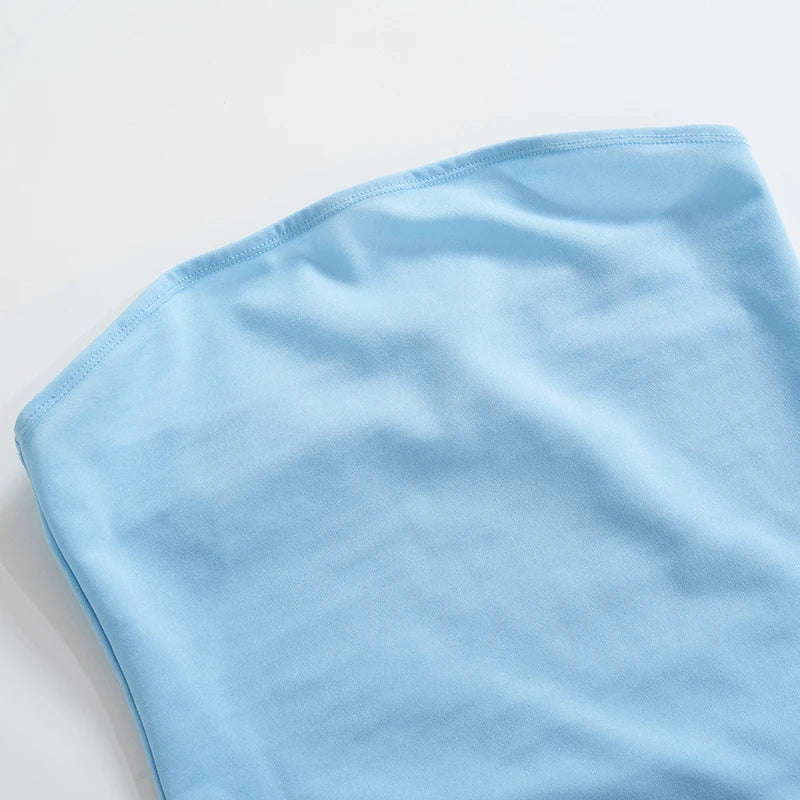 CUTENOVA Women Soft Tender Slight Blue Strapless Wrap Hipster Mini Pleated Dress Pullover Sexy Charm Outfits Girls Dating Wear