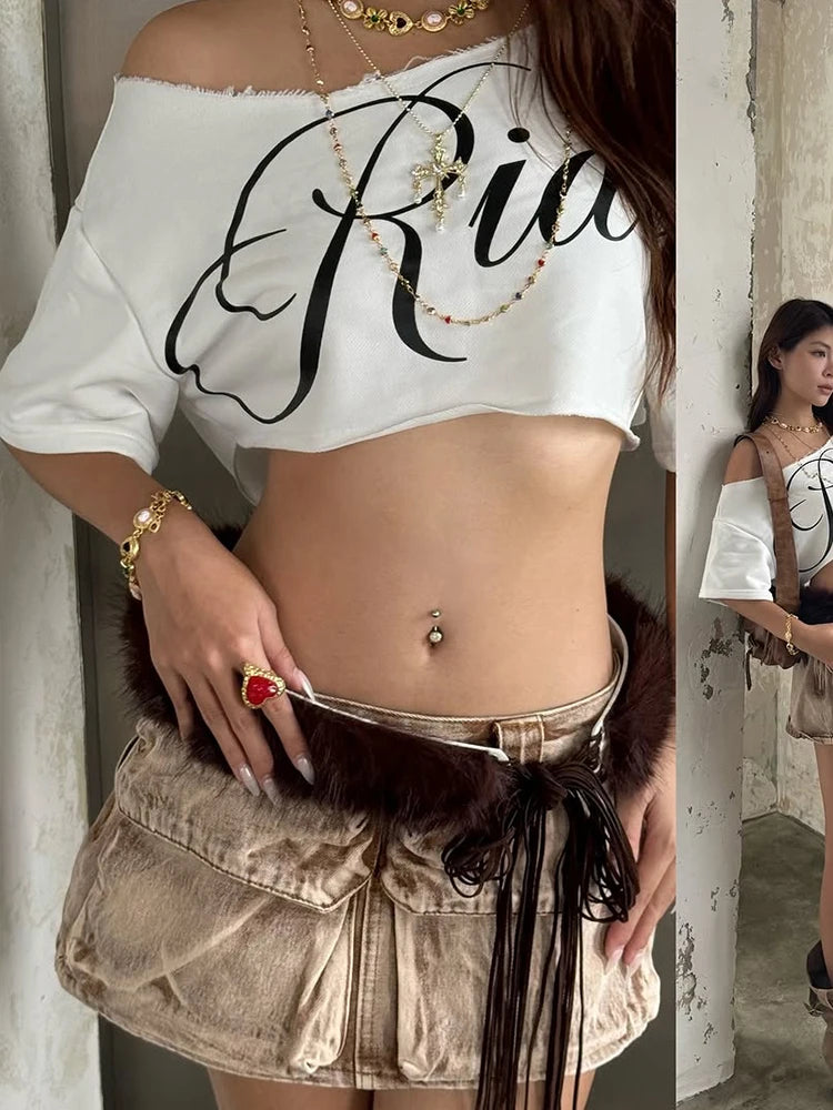 Nibber Loose Letter Print Mini t-Shirt Women Summer Trend Biased Collar Versatile Street Skinny Simple Classic Party Daily Tops