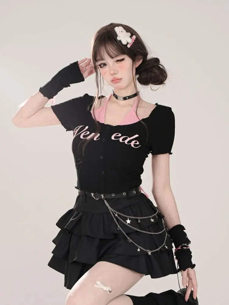 Women Black Gothic A-line Cake Skirt Vintage Y2k Skirt Aesthetic Harajuku Korean Elegant Kawaii Emo Skirts 2000s Trashy Clothes