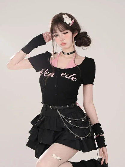 Women Black Gothic A-line Cake Skirt Vintage Y2k Skirt Aesthetic Harajuku Korean Elegant Kawaii Emo Skirts 2000s Trashy Clothes