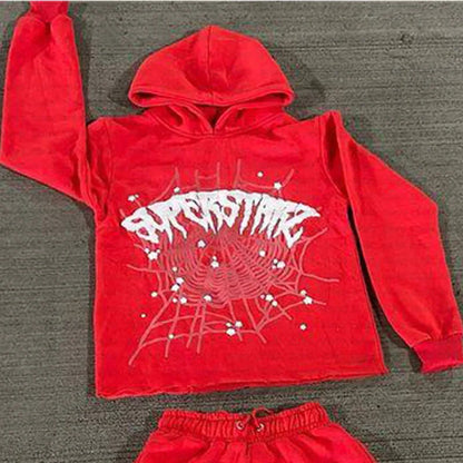 BIG PROMOTION Y2K European and American Autumn/Winter Men's Hip Hop Street Spider Web Letter Printed Loose Hooded Sweater Red