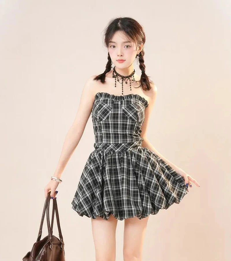 Y2K Plaid Mini Dress Women Vintage Backless Patchwork Slim Dress Summer Sexy Bodycon Strapless Aesthetic Lady Vestidos Badiee Stylez