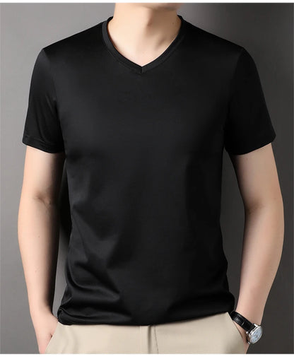 Top Grade 1.7% Mulberry Silk New Brand Tops Round Neck t Shirts For Men 2025 Summer Short Sleeve Casual Fashion Mens Clothing
