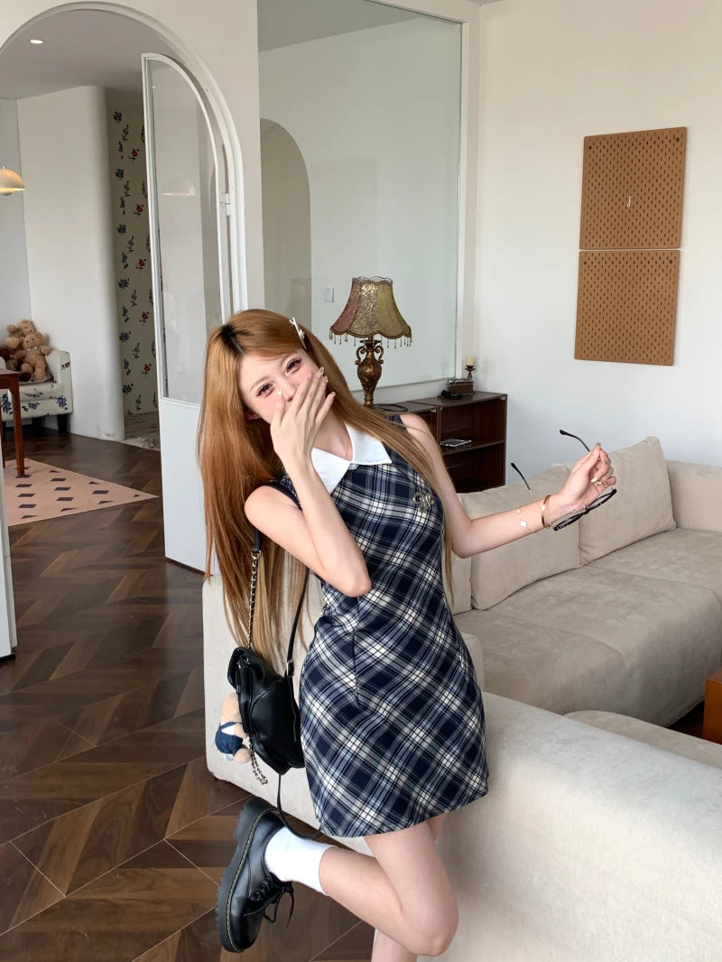 Onalippa Vintage Plaid Mini Dress Women Waist Belt Polo Collar Sleeveless A Line Dresses High Street Contrast Vestidos