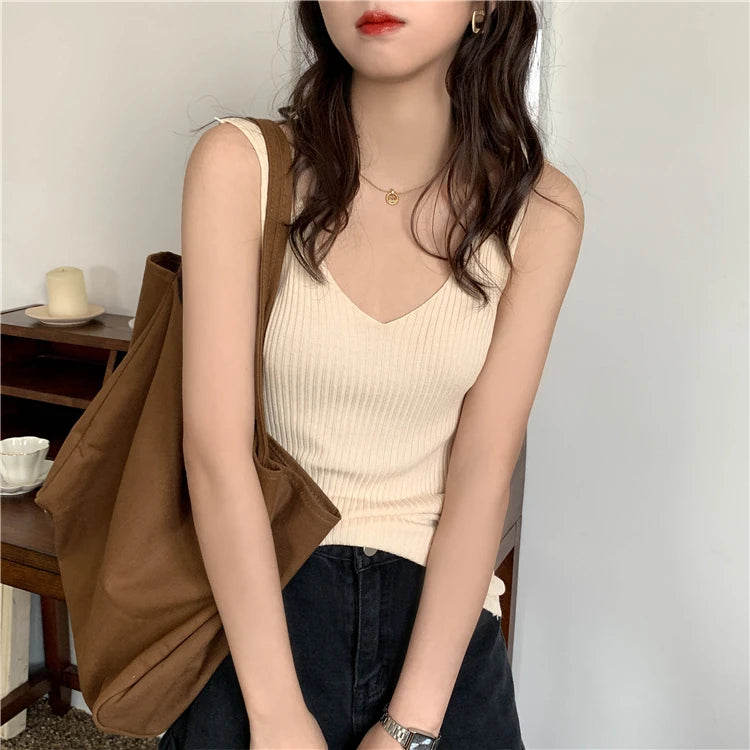 Solid Color Basic Women's Vest Tank Top Solid Color Knitted Tees Top Cropped Top Camisole Sweater V-neck Summer Sleeveless