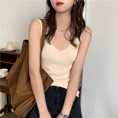Solid Color Basic Women's Vest Tank Top Solid Color Knitted Tees Top Cropped Top Camisole Sweater V-neck Summer Sleeveless