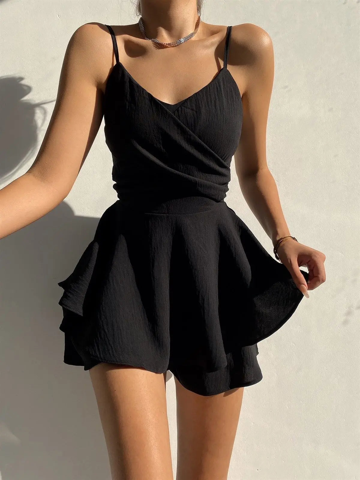 2025 Slim Suspender Strap Sexy Jumpsuits Y2k Ruffles Rompers Summer Casual Threaded Slip Playsuits Female Elegant Skirt Pants black