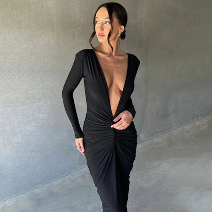 Women Sexy Elegant Long Dress Long Sleeve Backless Bodycon Slit Dress Autumn Evening Party Dresses Female Badiee Stylez