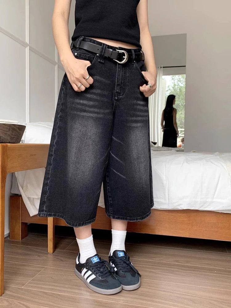 High Waist Black Retro Washed Denim Shorts Women's Harajuku Vintage Fashion Casual Loose Y2K Streetwear Mid Long Wide Leg Pants black grey