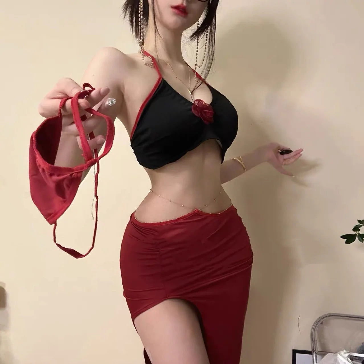 Red Rose Hanging Neck Top Split Long Dress Off The Waist Gold Chain Ring Waist Anchor Leading Dance Dress Tie Two Piece Set H80Z Rose Top skirt pants One Size