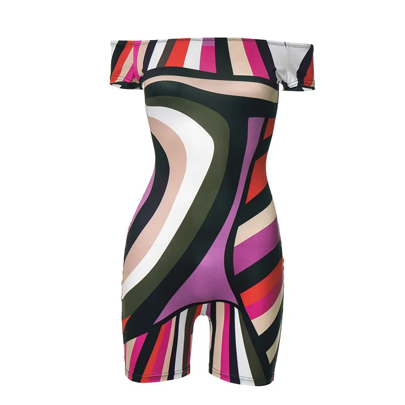 ANJAMANOR Multicolor Printed Off Shoulder Short Jumpsuits for Women 2024 Sexy Club Outfit Ladies Rompers Summer Clothes D85-BZ14 Mixed Color