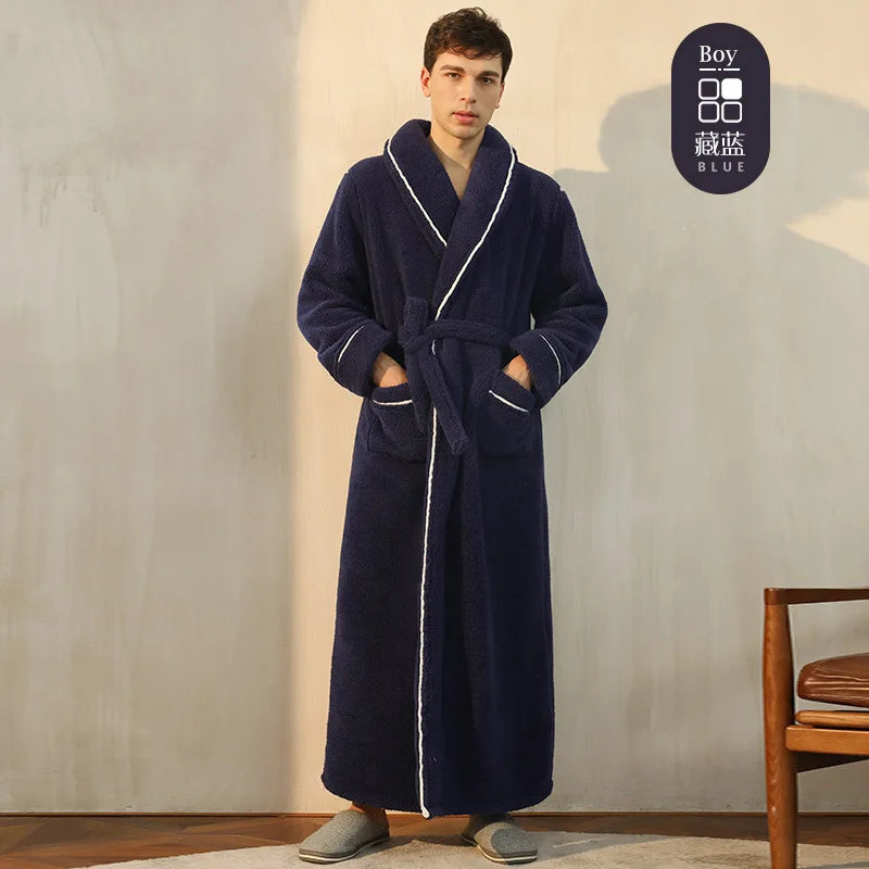 Men's Winter Bathrobe Long Sleeve Warm Turn Down Collar Man Fluffy Bath Robe With Sashes Solid Fleece Dressing Gown For Male Navy blue male