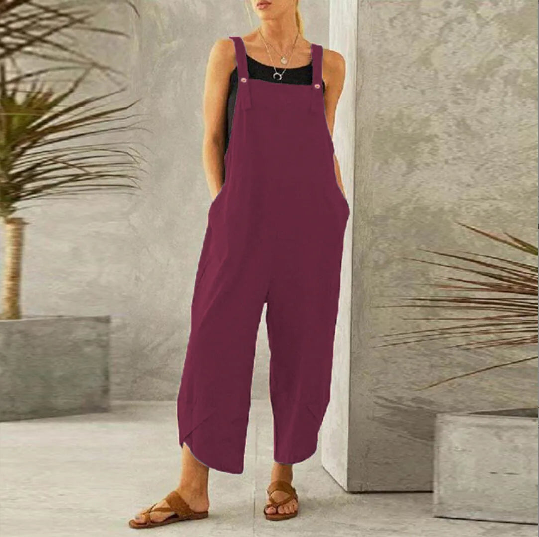 Women Loose Wide Leg Overalls Summer Adjustable Solid Color Cotton Linen Baggy Full Trousers Female Jumpsuits Oversized Deep Purple Red