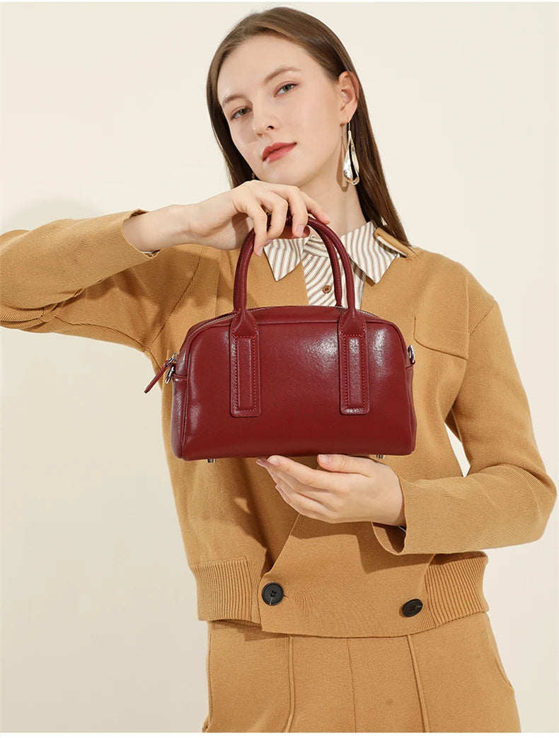 Hifashion Vintage Boston Cow Genuine Leather Handbags For Women 2025 Trend Designer Bowling Work Ladies Shoulder Crossbody Bags