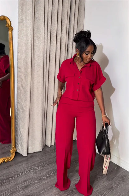 Women's Two-piece Set Spring Summer New Style Lapel Short-sleeved Shirt High Waist Wide Leg Trousers Casual Suit Women Clothing
