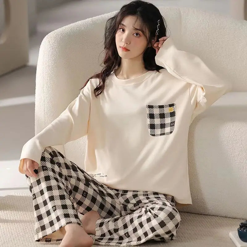 Spring and Autumn New Women's Thin Section Pajamas Homewear Suit Girls Summer Long-Sleeved Homewear Plus Size Cartoon Loose Suit 201