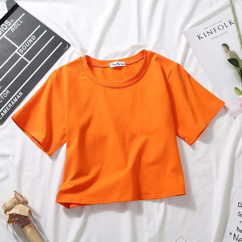 Summer Short Sleeve T Shirts Women Cotton Solid T-shirt O Neck High Waist Crop Top Tee Female Casual Loose T Shirt Badiee Stylez