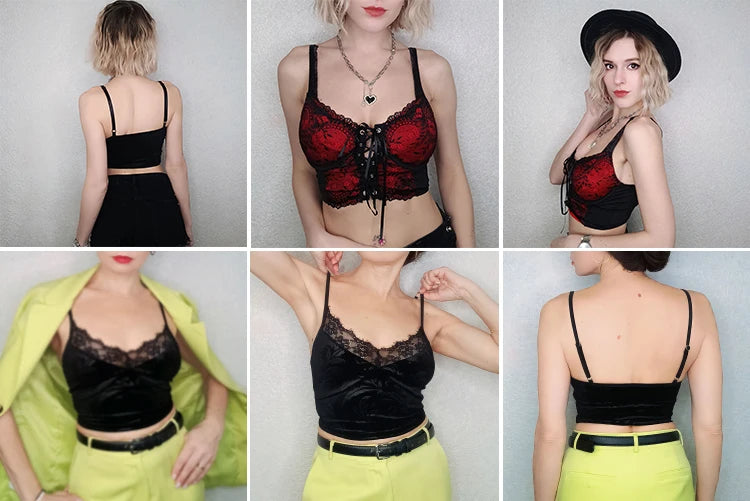 Goth Sexy Lace Corset Crop Tops Camis Y2K Harajuku Aesthetic Black Red Cross Basic Tank Top Summer Women Grunge Emo Streetwear