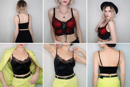 Goth Sexy Lace Corset Crop Tops Camis Y2K Harajuku Aesthetic Black Red Cross Basic Tank Top Summer Women Grunge Emo Streetwear