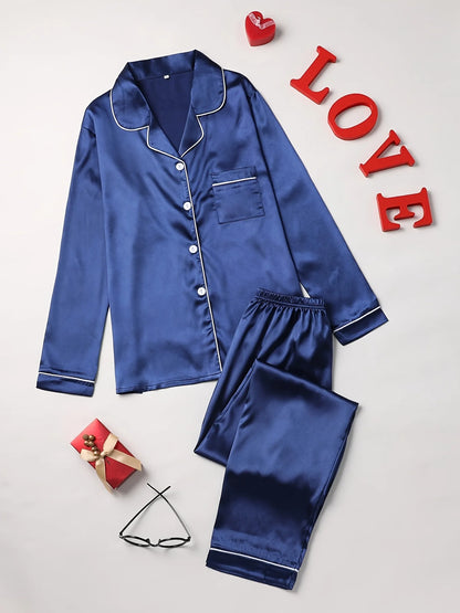 Solid Pajama Set Long Sleeve Button Up Lapel Top & Pants Pj Set Women's Sleepwear & Loungewear Navy Blue