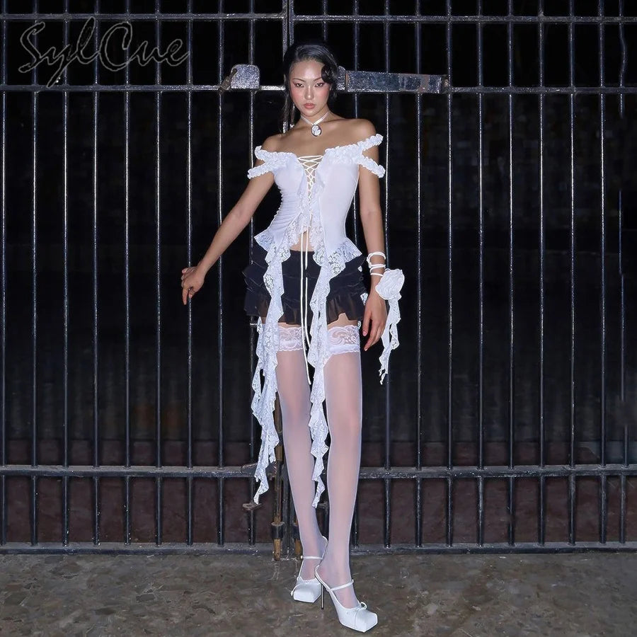 Sylcue Summer New Fashionable High Street Sweet Gentle Sexy Youth Girls Solid Color Shoulder Fringe Long Top