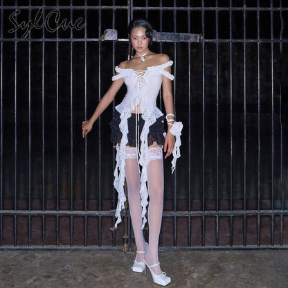 Sylcue Summer New Fashionable High Street Sweet Gentle Sexy Youth Girls Solid Color Shoulder Fringe Long Top