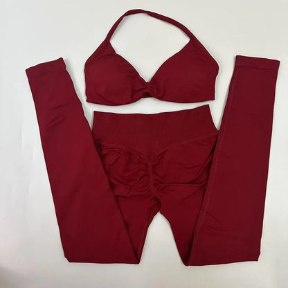 No Logo Seamless Yoga Set Women Workout Scrunch Leggings Set Strappy Halter Sports Bra Fitness Gym Clothing Workout Set 2 Pieces Badiee Stylez