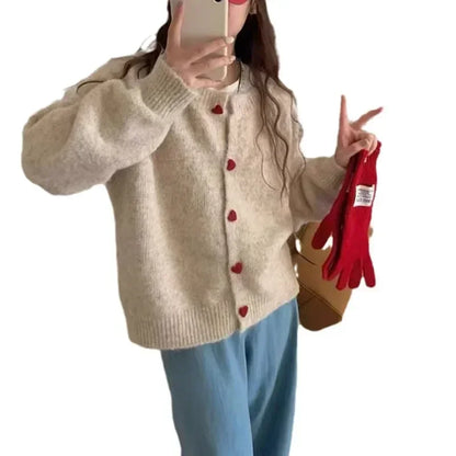 Korean Round Neck Versatile Design Caring Girl Button Knit Cardigan 2024 Autumn and Winter New Sweater Jacket Women's Top