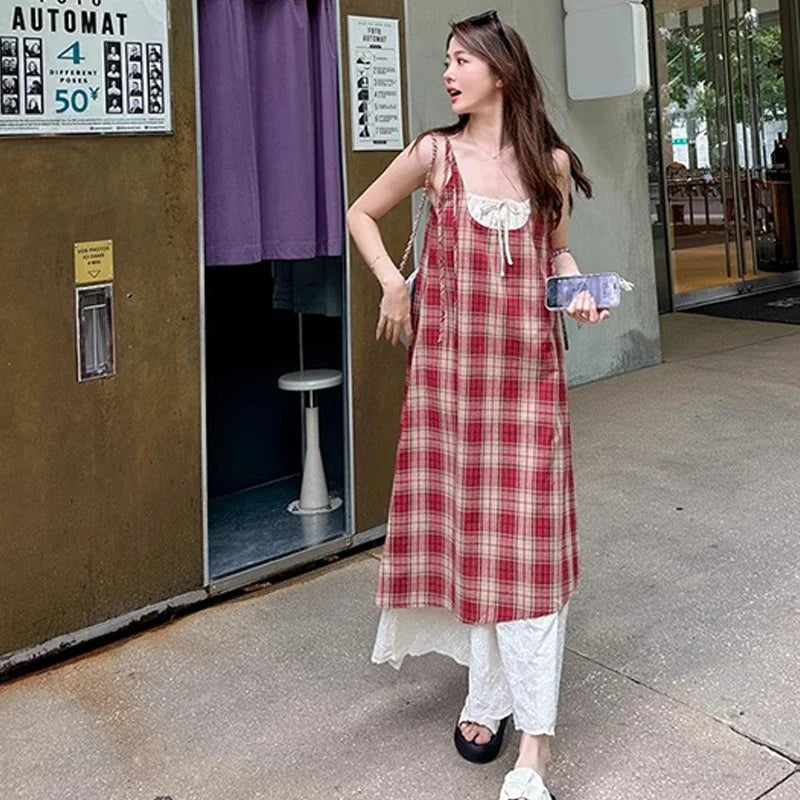 Women Plaid Fake Two Piece Suspender Dress Women Summer Retro Loose Long Lace Patchwork Plaid Sleeveless Dress for Women 2025