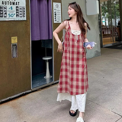 Women Plaid Fake Two Piece Suspender Dress Women Summer Retro Loose Long Lace Patchwork Plaid Sleeveless Dress for Women 2025
