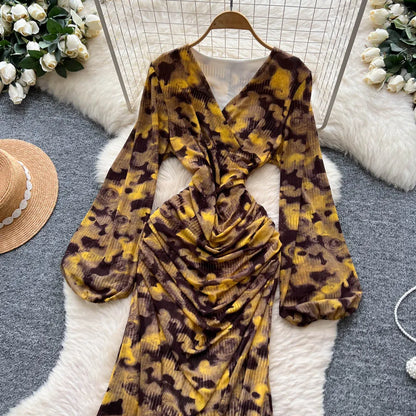 Chic vintage long sleeve Criss-Cross print pleated Elegant Fairy korean fashion dress women clothing Long dress