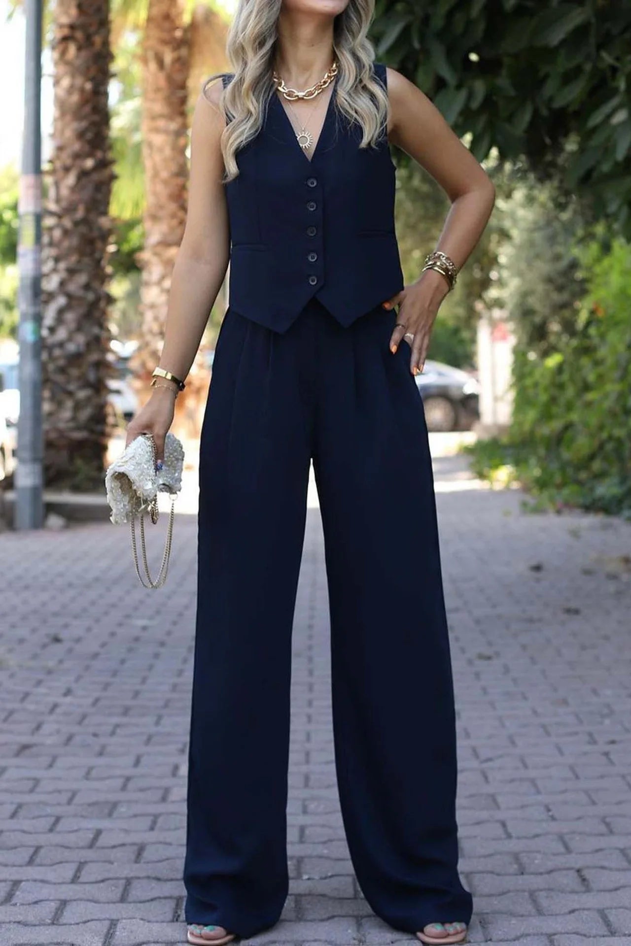 casual sleeveless suit set office lady spring summer elegant slim v-neck blazer tops pants two piece set women outfit 2024 Navy Blue