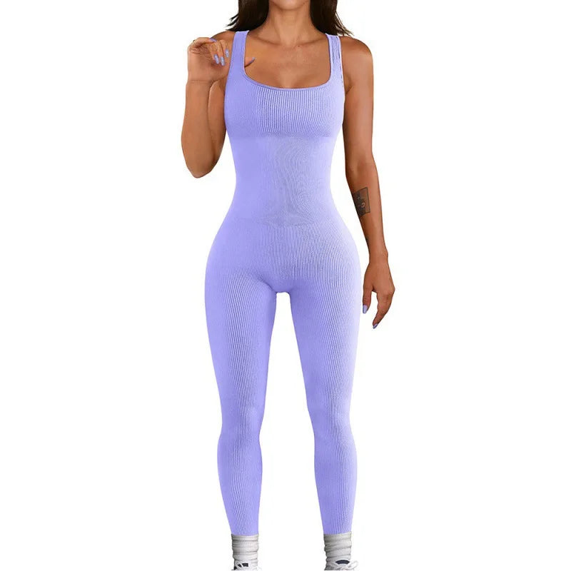 Women Workout Seamless Jumpsuit Yoga Ribbed Bodycon One Piece Square Neck Leggings Romper Badiee Stylez