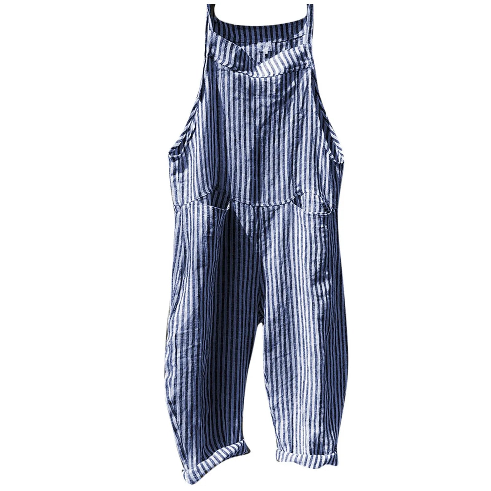 Casual Striped Overalls Korean Style Women's Summer Loose Fit Suspenders Jumpsuits Contrast Color Wide Leg Pants WIth Pockets