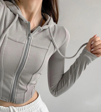 Thin Hooded Cardigan Women Korean Vintage Slim Summer Solid Sports Jacket Vertical Pit Stripe Zipper Female Sexy Cropped Tops
