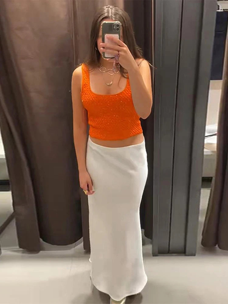 Elegant Sequined Orange Cardigans Women Y2k O-neck Short Sleeve One Button Female Tops 2025 Street Summer Lady Chic Knitwear