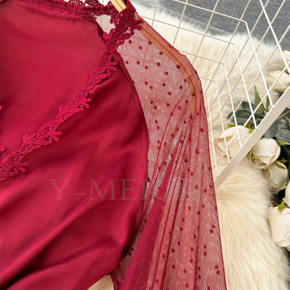 Sexy Embroider Edge Lady Kimono Bathrobe Dress Gown Mesh Sleeve Wedding Long Robe Sleepwear Loose Silk Satin Nightwear Lingerie