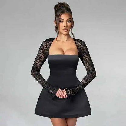 Townlike Lace Patchwork Waist Wrap A-line Dress Women Mini 2024 Autumn Winter Dress Backless Nightclub Sexy Party Dresses
