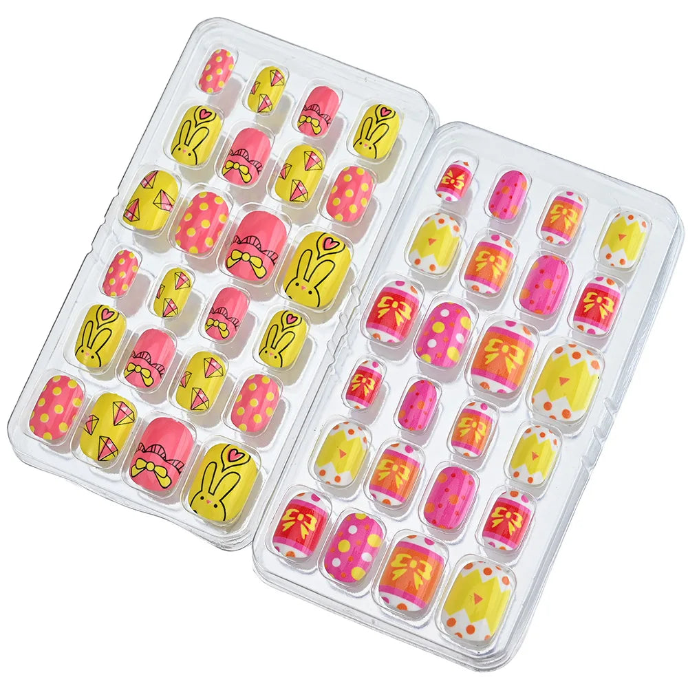 24Pcs Children Cartoon Nail Tips Colorful Cute Rabbit Pink Stars 6-14 Years old Girl Fake Nail With Jelly Glue Kids False Nail