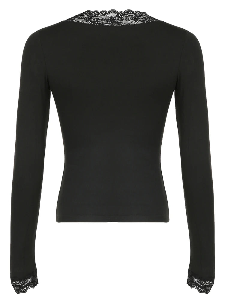 Cuteandpsycho Lace Patchwork Solid Slim Tee Shirts Long Sleeves V-neck Aesthetic Fashion Clothes Vintage Streetwear Black Tops