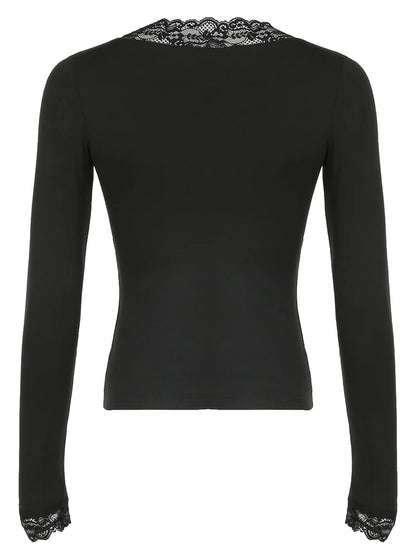 Cuteandpsycho Lace Patchwork Solid Slim Tee Shirts Long Sleeves V-neck Aesthetic Fashion Clothes Vintage Streetwear Black Tops