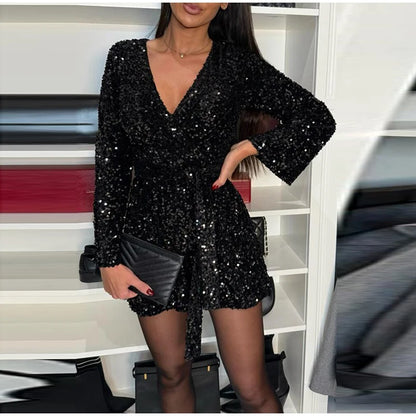 Sexy Sequins Short Black Party Dresses for Women Halter V Neck Backless Sparkly Ruffles Woman Mini Dress 2025 New Club Gowns