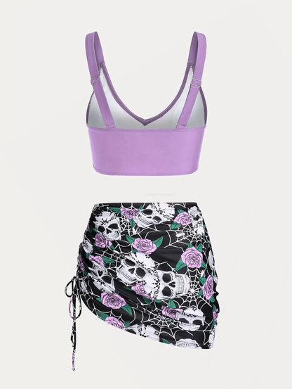 ROSEGAL Plus Size Women's Plus Size & Curve Skull Rose Print Crossover Three Piece Bikini Swimsuits