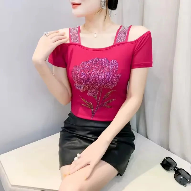 New Arrival Summer European Clothes Women's T-Shirts Chic Luxury Butterfly Hot Diamonds Tees Sexy Girl Slim Streetwear Tops Picture color