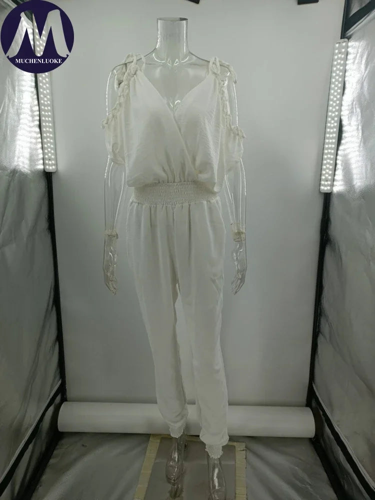 Jumpsuit Woman Summer New Elegant V Neck Pocket Elastic Waist Jumpsuits Fashionable Casual Loose Women's Clothing Jumpsuits