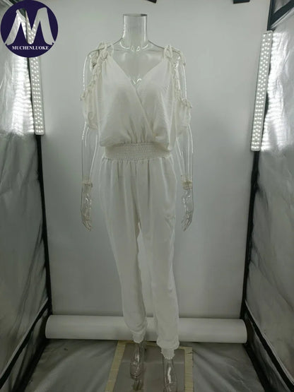 Jumpsuit Woman Summer New Elegant V Neck Pocket Elastic Waist Jumpsuits Fashionable Casual Loose Women's Clothing Jumpsuits