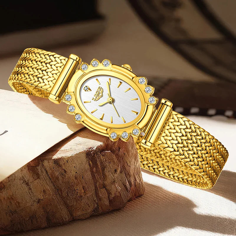 LIGE 2025 New Gold Square Watch For Women Simple Fashion Waterproof Quartz Ladies Watches Ultra-Thin Mesh Women's Bracelet Watch