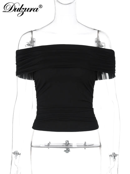 Dulzura Sleeveless Off Shoulder Ruched Bodycon Crop Top Solid Sexy Elegant T-Shirt Party Club Streetwear Spring Summer Top