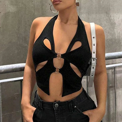 Sexy Black Halter Women's Y2k Crop Tops Sleeveless Hollowing Out Backless Fashion Female 2024 New Summer Grunge Slim Tank Tops