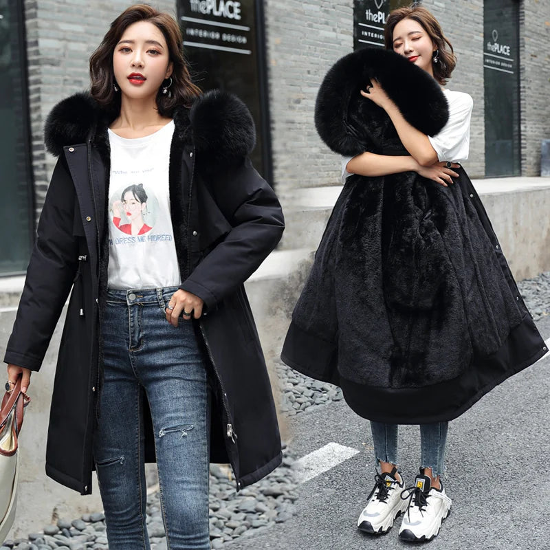 Thiened Fce Women's Cotton Jaet Korean Sle Slim Fit Mid-Length Parka Coat Warm Casual Outerwear for Winter Season